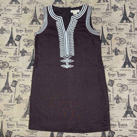 Michael Kors Brown/White Linen V Neck Sleeveless Dress Size 6 - Picture 6 of 12
